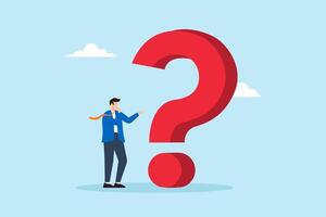 Flat illustration of businessman thinks with big red question mark problem solving faq frequently asked questions solution contemplation vector