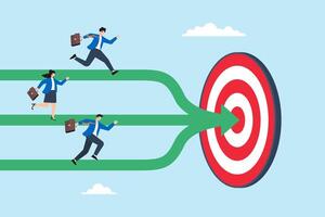 Flat illustration of business team running on different paths merging into one arrow toward target to align goals and achieve success vector