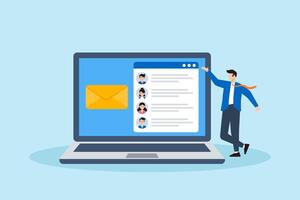 Flat illustration of businessman managing email campaign with laptop, envelope icon, and mailing list for digital marketing vector