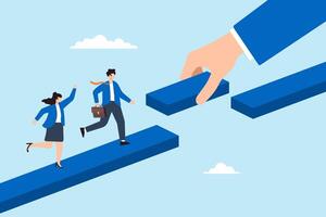 Flat illustration of business team crossing gap as giant hand places final bridge block to overcome challenge with leadership support vector