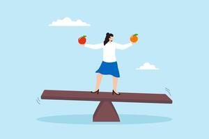 Flat illustration of businesswoman compare apple and orange while balancing on seesaw decision making choose alternative choices vector