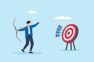 Flat illustration of confident businessman hitting multiple arrows on bullseye target for business precision and success vector