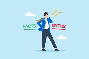 Flat illustration of businessman choosing between facts and myths to make critical decisions and avoid fake news vector