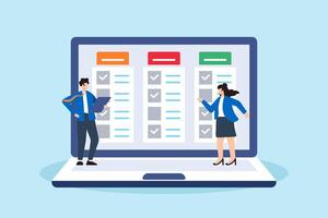 Flat illustration of task management team finish project efficiently on computer laptop business planning checklist completion schedule agenda vector