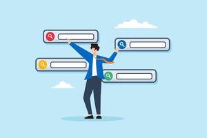 Flat illustration of businessman hunting new job on virtual search box career exploration discover information website optimization vector