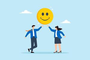 Flat illustration of happy businessman and businesswoman with smiling face emoji job satisfaction positive attitude work motivation vector