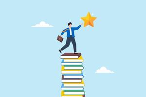 Flat illustration of smart businessman climb stack of books and reach star learning career success study knowledge education for business vector
