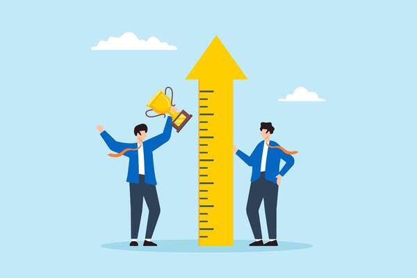 Flat illustration of businessman manager measures success employee hold trophy with ruler meter in arrow shape performance evaluation staff assessment