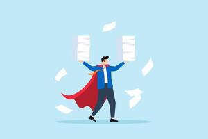 Flat illustration of superhero businessman lifting document stack multitasking and managing deadlines with office heroism under pressure vector