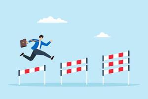Flat illustration of ambitious businessman jumps over hurdles facing new obstacle achieve success business challenge solve problem vector