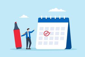 Flat illustration of businessman circle important date on calendar with highlighter marker event reminder appointment work deadline meeting schedule vector