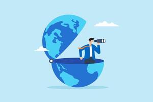Flat illustration of smart businessman open globe using binoculars searching future international business opportunities world economic vision vector