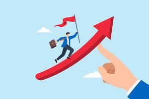 Flat illustration of giant hand help push arrow upward with businessman holding red flag run on it help career growth development support productivity vector