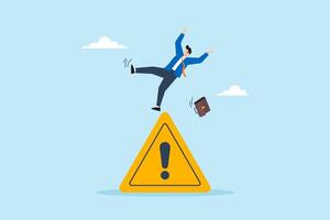 Flat illustration of businessman slip on hazard warning attention sign with exclamation mark business risk problem failure prevention avoid danger vector