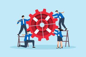 Flat illustration of businessman and businesswoman connect gear together teamwork collaboration solve problem achieve target vector