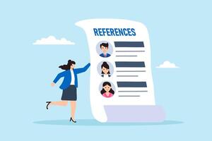 Flat illustration of businesswoman hold reference documents with list people and work experience professional recommendation vector