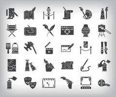 30 flat fill art show simple icon set. Start, tablet, stage, theater and artistic design. vector