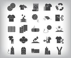 30 flat fill fabric textile simple icon set. Needle, thread, scissors, zipper and button design. vector