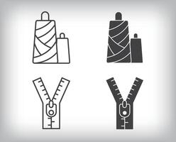 Zipper, embroidery, thread and textile designs. Simple linear and flat artistic art icon set. vector