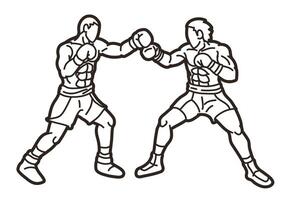 Outline Boxing Sport Kickboxing Boxer Ready to Fight and Punching Action Cartoon Graphic vector