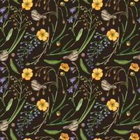 Seamless watercolor pattern of meadow flowers, bellflower, buttercup, timothy grass, green leaves and young branches with buds. All objects are hand-drawn with watercolor. For printing on fabric vector