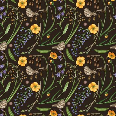 Seamless watercolor pattern of meadow flowers, bellflower, buttercup, timothy grass, green leaves and young branches with buds. All objects are hand-drawn with watercolor. For printing on fabric
