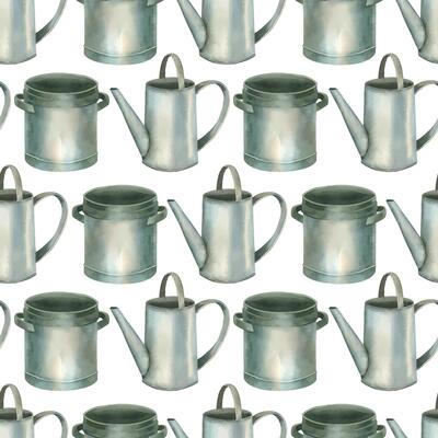 Watercolor pattern. Metal vintage watering can, saucepan, all objects are hand painted with watercolor. Watercolor illustration. Suitable for printing on fabric, paper