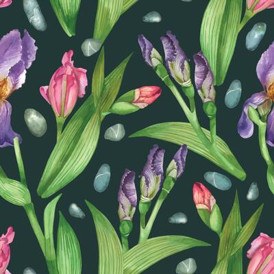 Seamless watercolor pattern. Flowers irises, iris buds, green leaves with dark veins. All objects are hand-drawn with watercolor. Suitable for printing on fabric, paper