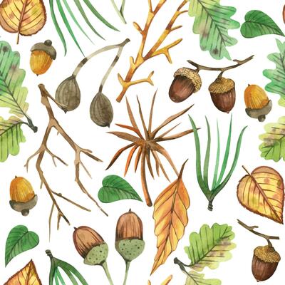 Seamless watercolor pattern. Tree branches, nuts, acorns, green leaves, berries, forest plants, all objects are painted with watercolor. For printing on fabric, home textiles