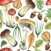 Seamless watercolor pattern, forest mushrooms, acorns, leaves, tree branches, berries, fly agarics. All objects are hand-drawn with watercolors. For printing on fabric, stationery covers vector
