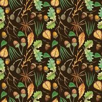 Seamless watercolor pattern. Tree branches, nuts, acorns, green leaves, berries, forest plants, all objects are hand-drawn with watercolor. Suitable for printing on fabric, home textiles vector