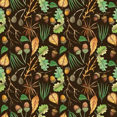 Seamless watercolor pattern. Tree branches, nuts, acorns, green leaves, berries, forest plants, all objects are hand-drawn with watercolor. Suitable for printing on fabric, home textiles