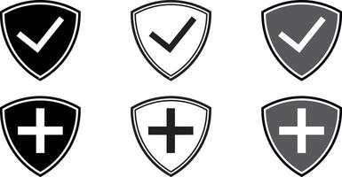 Six minimalist shield icons showcasing checkmark and plus symbols in three style variations each, ideal for security, protection, approval, health, or safety-themed designs. vector