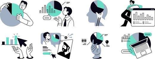 Planning and strategy. Set of people illustrations of business analysis, market research, data analytics, statistics, planning, business and financial report, marketing and presentation. vector