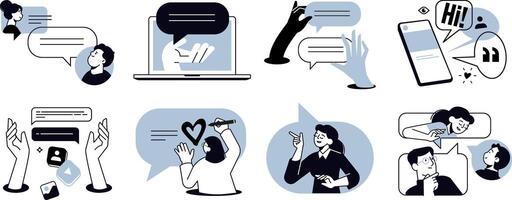 Social network. Set of people illustrations in various activities of online communication, social media, networking, support, community, chatting, app and services, rating and review, conversation. vector
