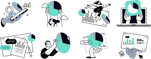 Set of people illustrations of business analysis, market research, data analytics, statistics, planning, business and financial report, marketing and presentation. vector