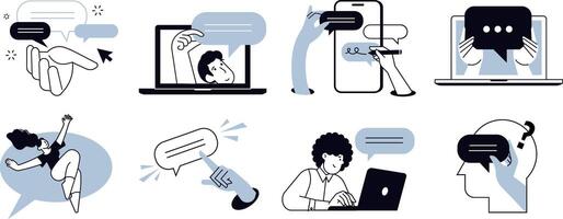 Lets talk. Set of people illustrations in various activities of online communication, social media, networking, support, community, chatting, app and services, rating and review, conversation. vector