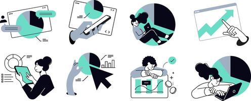 Data analysis. Set of people illustrations of business analysis, market research, data analytics, statistics, planning, business and financial report, marketing and presentation. vector