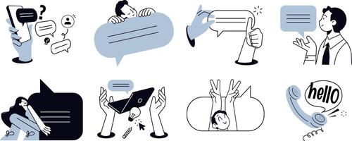 Set of people illustrations in various activities of online communication, social media, networking, support, community, chatting, app and services, rating and review, conversation. vector