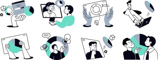 Business report and market research. Set of people illustrations of business analysis, market research, data analytics, statistics, planning, business and financial report, marketing and presentation. vector