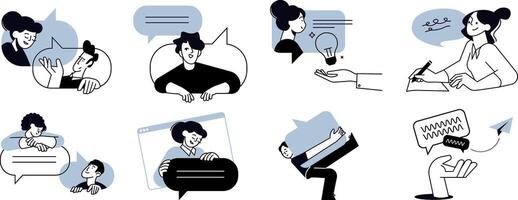 Chatting. Set of people illustrations in various activities of online communication, social media, networking, support, community, chatting, app and services, rating and review, conversation. vector