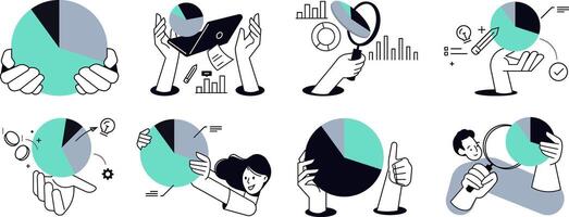 Statistics and analytics. Set of people illustrations of business analysis, market research, data analytics, statistics, planning, business and financial report, marketing and presentation. vector
