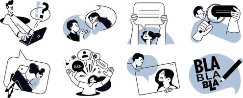 Communication. Set of people illustrations in various activities of online communication, social media, networking, support, community, chatting, app and services, rating and review, conversation. vector