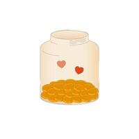 Glass jar with gold coins for donation, endowment or tip with hearts as gratitude. Cash, budget, savings or fund. Flat illustration isolated on light background. vector
