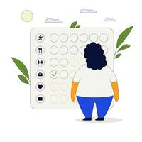 Funny character plump woman in front of a list of personal and work goals and tasks. Flat illustration. vector