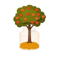 Glass jar with gold coins for donation and grown tree of gratitude with hearts fruits. Cash, fbudget, savings or fund. Illustration isolated on light background. vector
