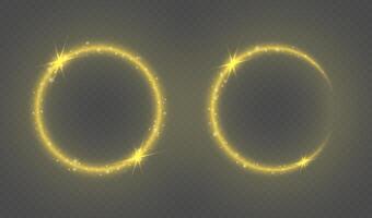 Set of magical golden glowing abstract light banners. Magic circles or frames with flashes of bright yellow light and star dust. vector