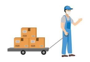 Warehouse operator. Industrial worker. Factory labor. Hand pallet. Trolley. Carboard. Packaging. Shipment. vector