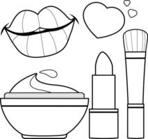 Beauty make up and cosmetics products set. A lipstick, a blush brush and a container of moisturizing cream. Black and white coloring page vector