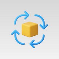 A 3D yellow cube with blue arrows indicating rotation. vector